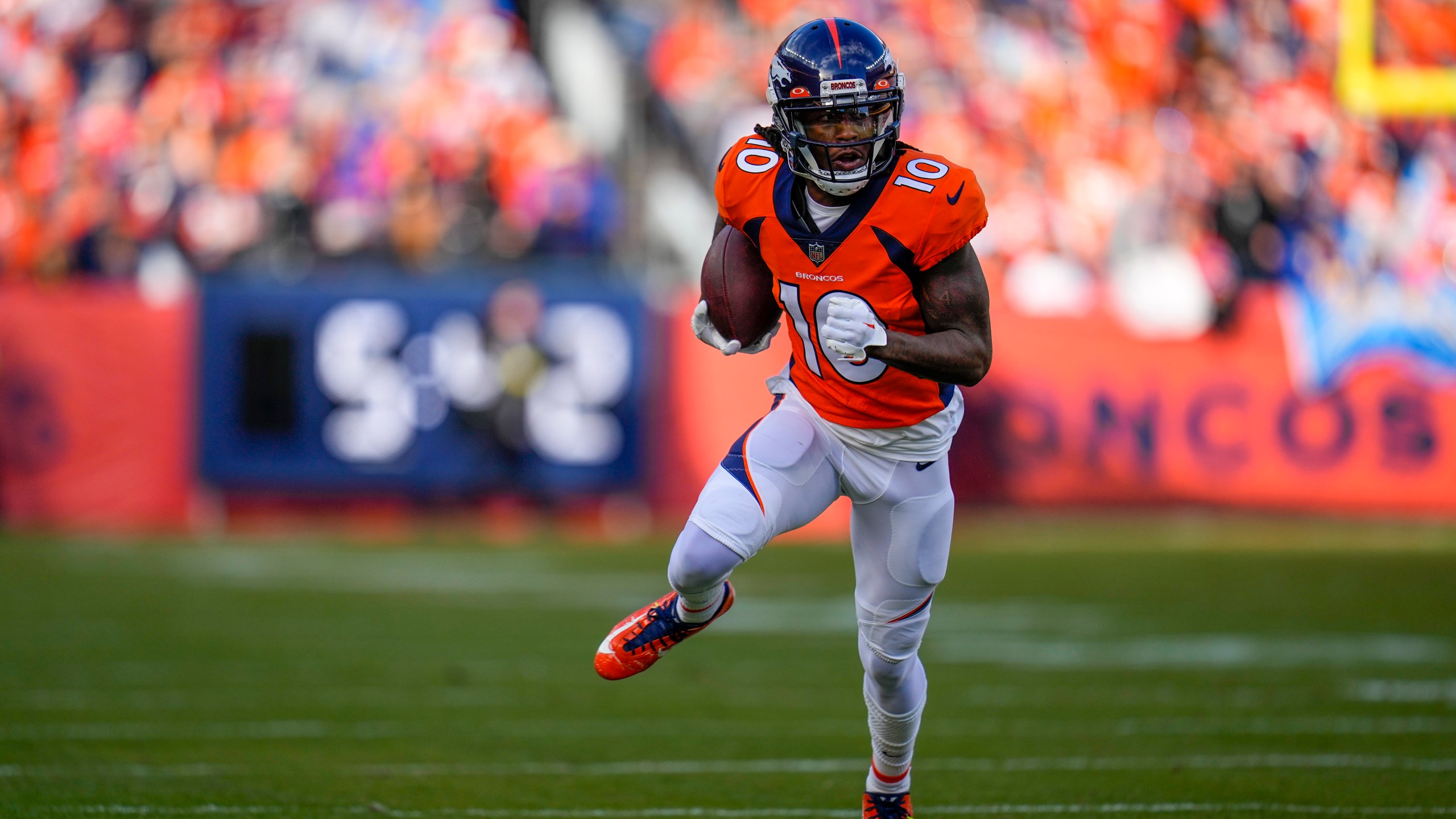 Denver Broncos wide receiver Jerry Jeudy (10) runs against the Los Angeles Chargers during an NFL football game