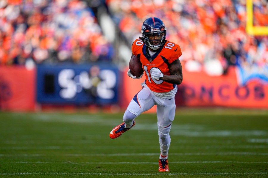 Denver Broncos wide receiver Jerry Jeudy (10) runs against the Los Angeles Chargers during an NFL football game