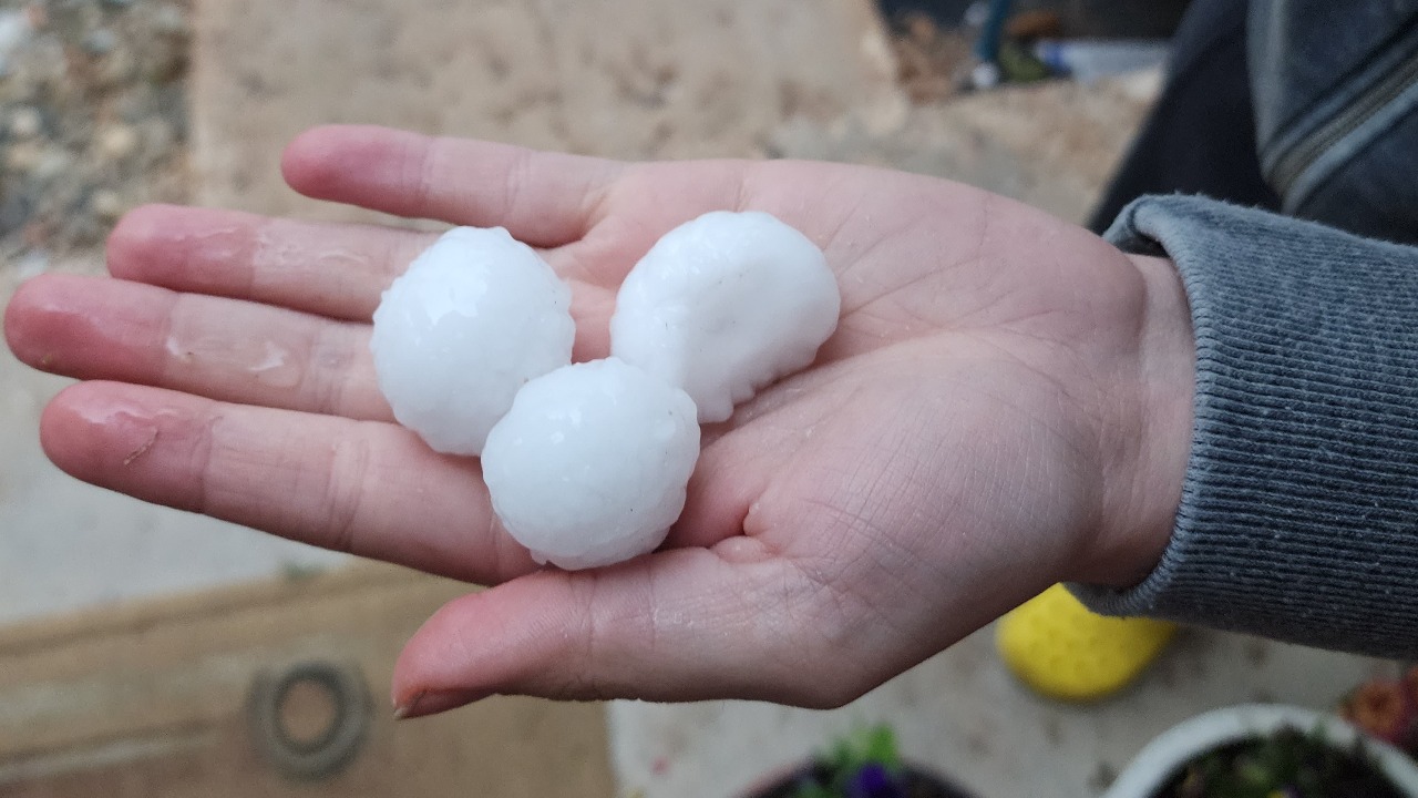 Three nearly golf-ball-sized chunks of hail in the palm of a hand