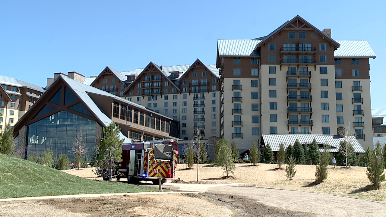 Exterior of Gaylord Rockies hotel with a fire truck out front